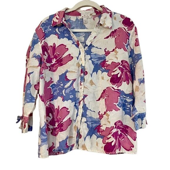 JM Collection 100% Linen Women’s Floral Button Down Size 16 - Picture 1 of 10